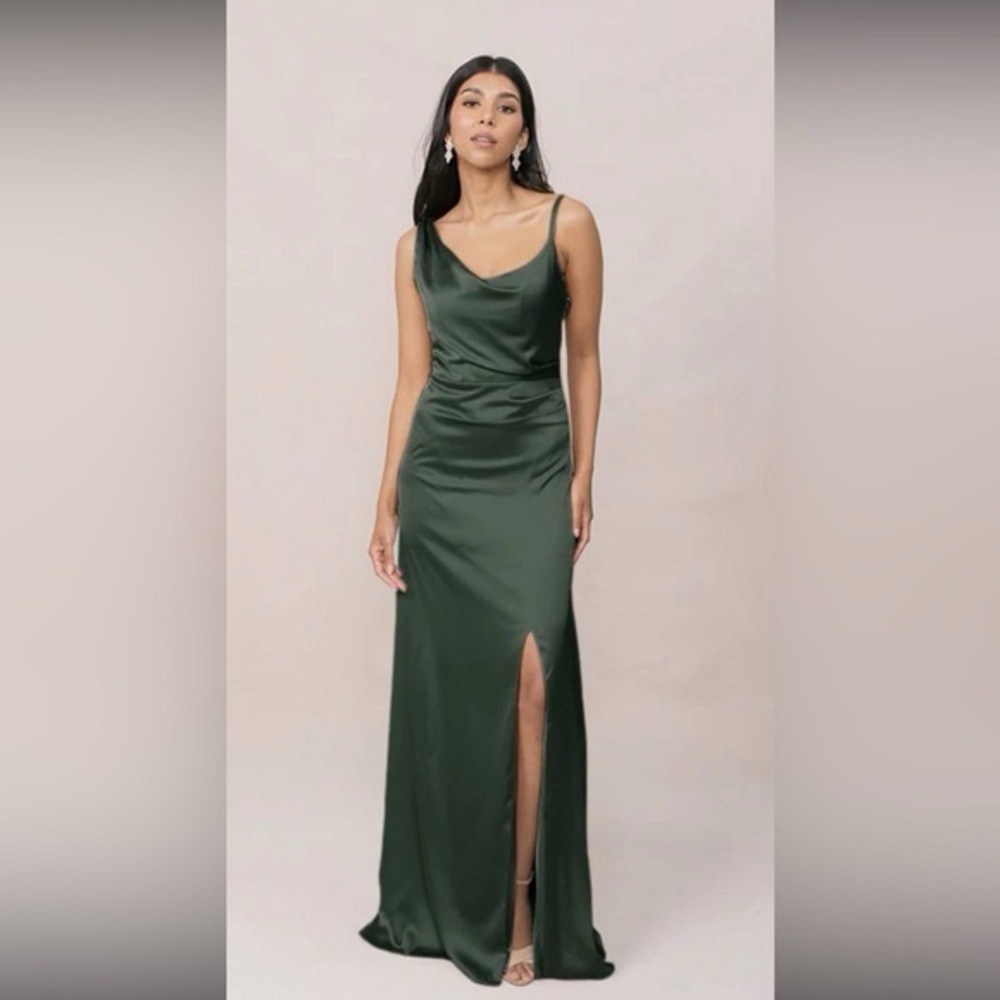 Revelry Olive Green Satin Cowl Neck Maxi Dress Slit Formal Bridesmaid 12